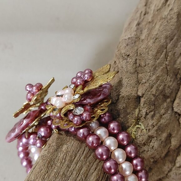 Cuff Beaded Bracelet Vintage Pink Gold Floral Beaded Rhinestones Faux Pearl - Picture 15 of 16